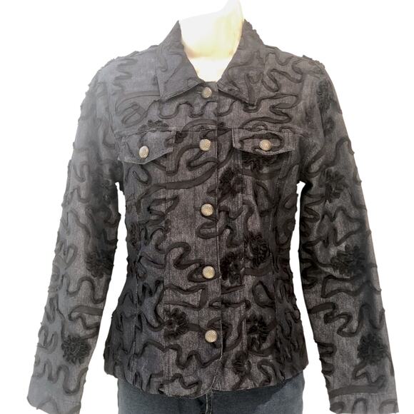 Analogy Black Trim Classic Denim Jacket Top Stitching Detail Silver Tone Buttons - Picture 14 of 16